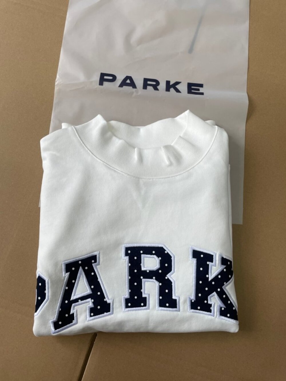 Women’s Parke White Mock Neck Casual Pullover Sweatshirt With Varsity Applique - Picture 8 of 8